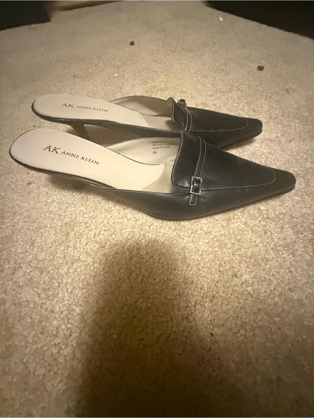 Anne Klein Black Pointed Toe Slip-On Mules with Buckle